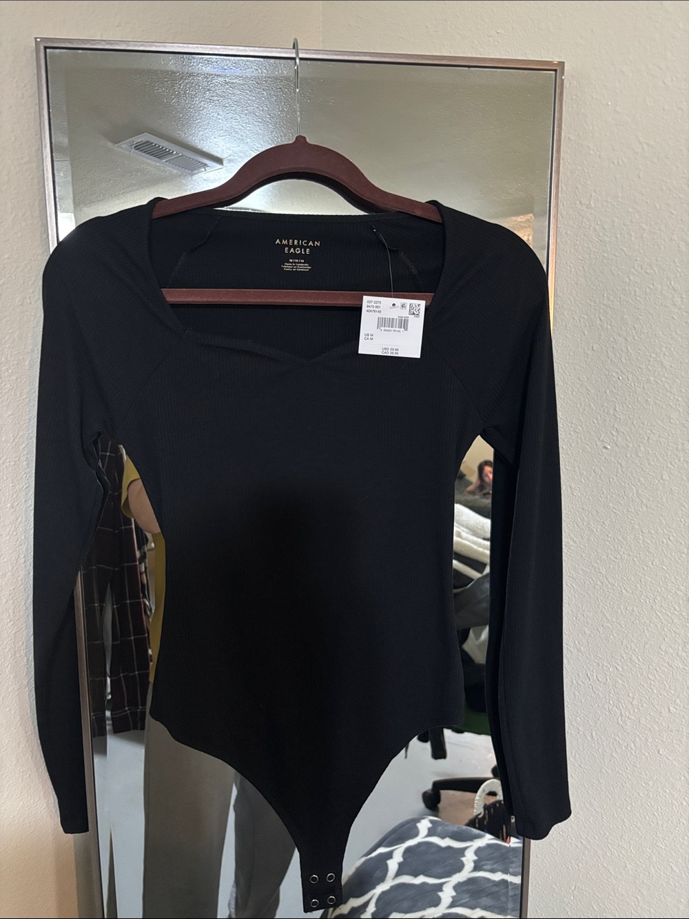 American Eagle Outfitters Black Ribbed Long-Sleeve Bodysuit